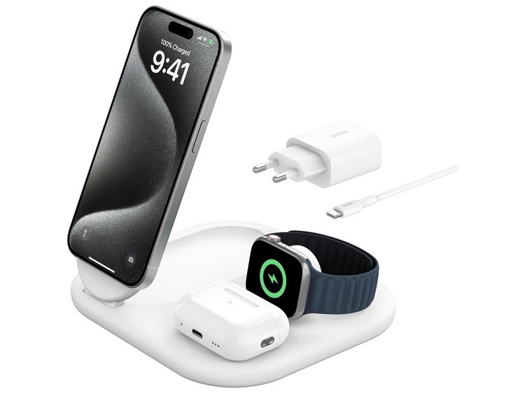 为果粉:贝尔金发布三合一无线充电底座,支持 Qi 2 和 MagSafe 无线充电技术